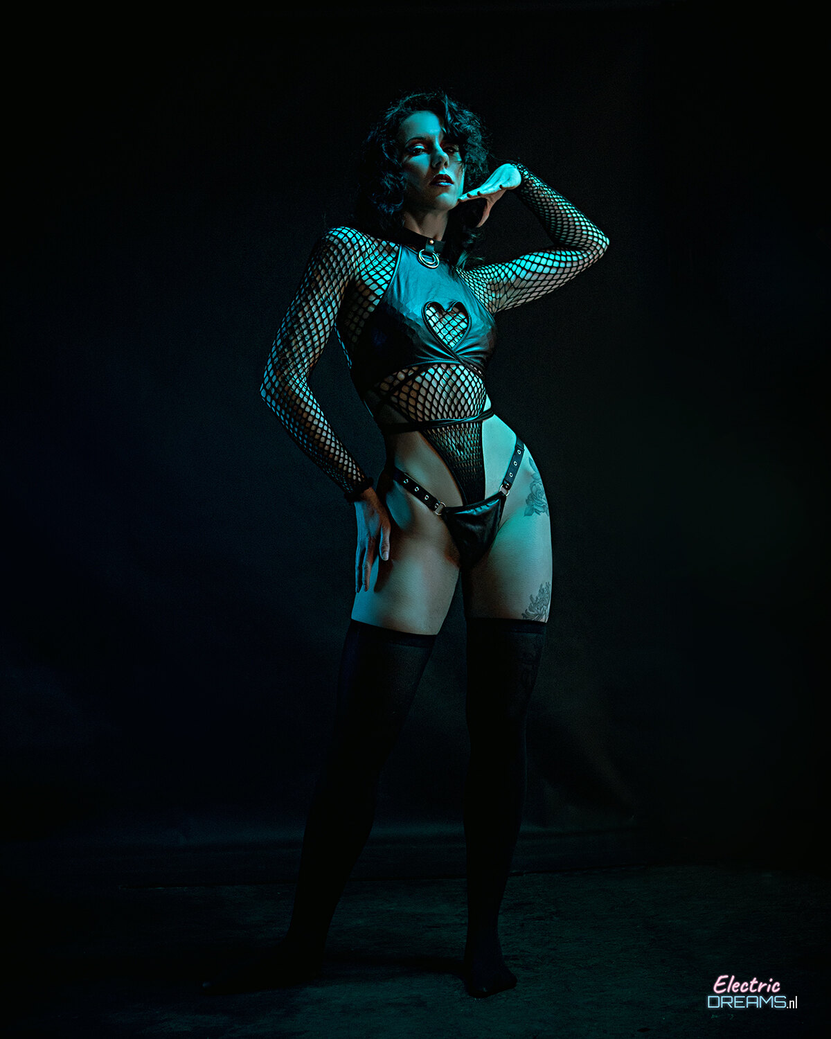 The image shows a woman in a fishnet bodysuit posing for a picture against a dark background with a watermark in the bottom right corner.